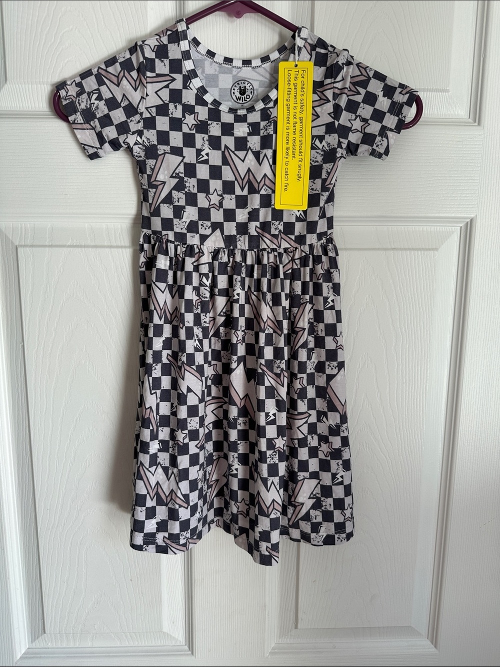 Girls' Black & White Checkerboard Dress with Lightning Motif - Wild Fable